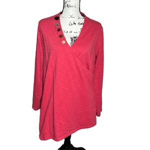 Soft Surroundings Pink Surplice Top Womens Large Button Detail Faux Wrap Shirt